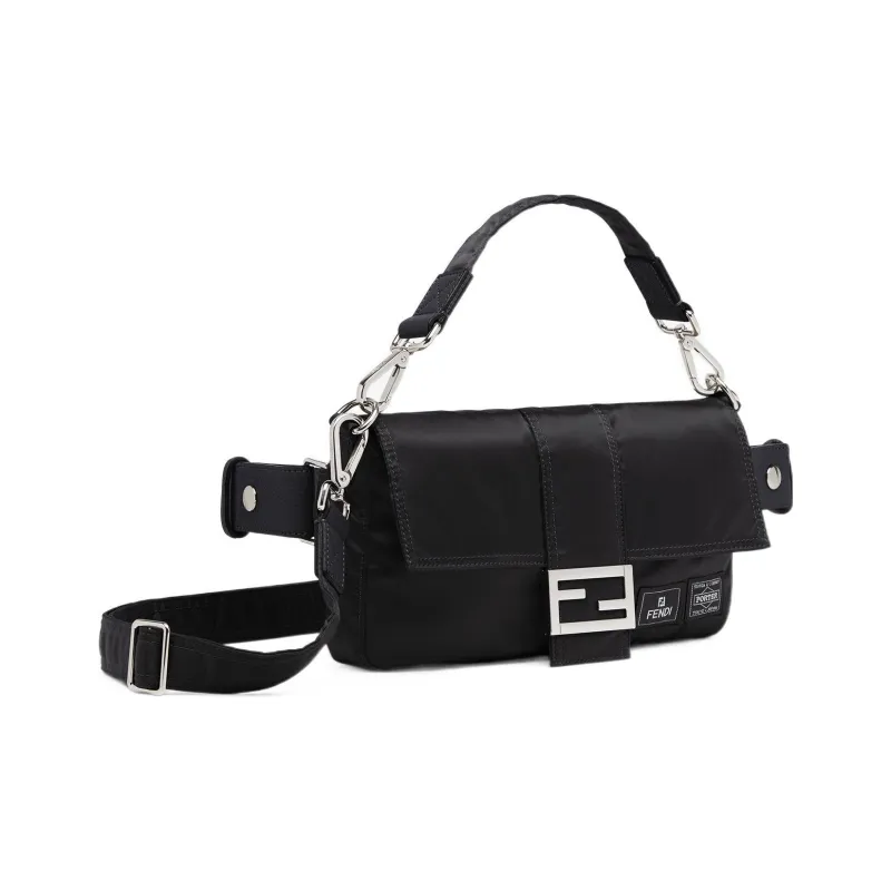FENDI PORTER Collaboration Baguette Cow Leather Handbag Fanny Pack Medium Size Men's Black-1