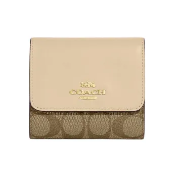 COACH Trifold Wallet Canvas With Leather Card Holder Wallet Small Size Women's Khaki & Chalk White
