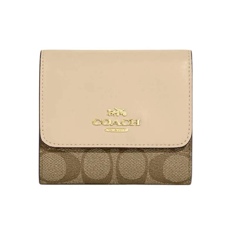 COACH Trifold Wallet Canvas With Leather Card Holder, Wallet Trumpets Women's Khaki & Chalk White-0