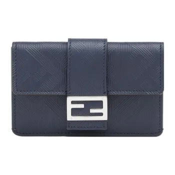 FENDI Baguette Calfskin Coin Purses Card Holders Men's Dark Blue