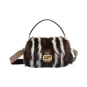 FENDI Baguette Skunk Fur Textile Cow Leather Portable Crossbody Bag Shoulder Bag Regular Women's Brown/White