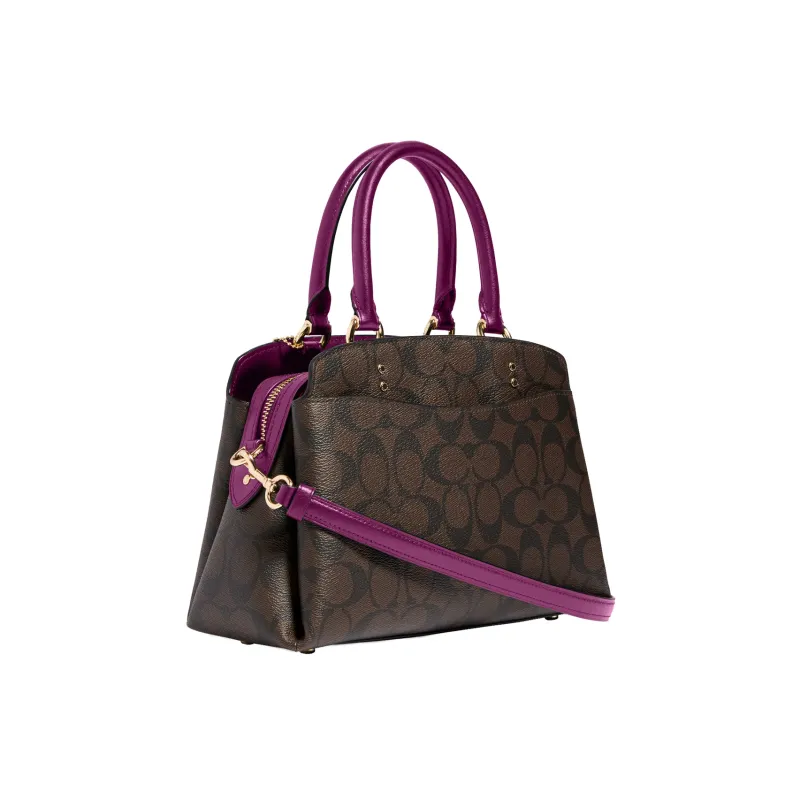 COACH Lillie Coated Canvas With Smooth Leather Shoulder Bag Crossbody Bag Handbag Mini Women's Brown & Deep Ocean Red-1
