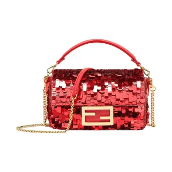 FENDI Baguette Fabric With Leather Portable Crossbody Bag Shoulder Bag Mini Women's Red