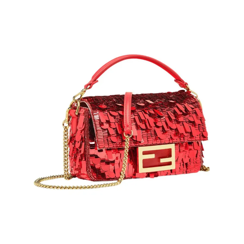 FENDI Baguette Fabric With Leather Portable Crossbody Bag Shoulder Bag Mini Women's Red-1