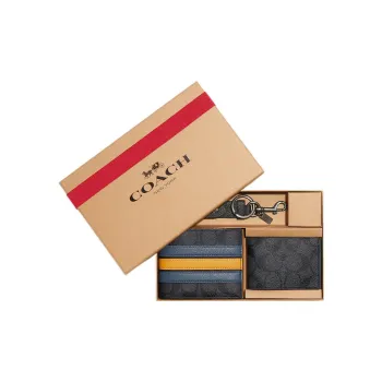 COACH 3 IN 1 Wallet Canvas With Pebbled Leather Card Holder Wallet Men's Charcoal And Denim Color
