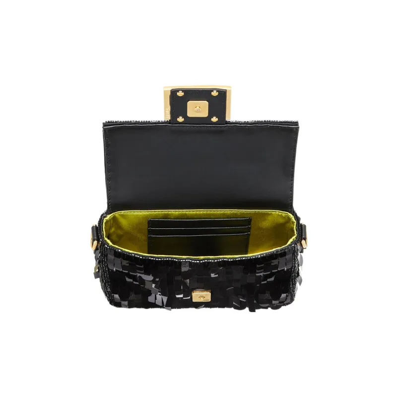 FENDI Baguette Fabric Cow Leather Patchwork Portable Crossbody Bag Shoulder Bag Mini Women's Black-3