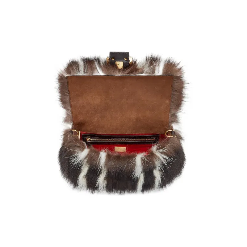 FENDI Baguette Skunk Fur Textile Cow Leather Portable Crossbody Bag Shoulder Bag Regular Women's Brown/White-3