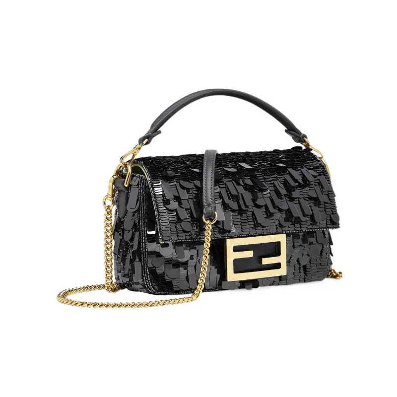 FENDI Baguette Fabric Cow Leather Patchwork Portable Crossbody Bag Shoulder Bag Mini Women's Black-1