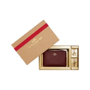 COACH Corner Zip Leather Clutch Wrist Bag Mini Women's Cherry Red