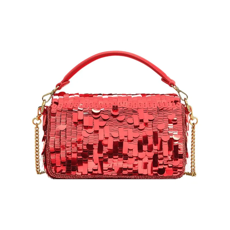FENDI Baguette Fabric With Leather Portable Crossbody Bag Shoulder Bag Mini Women's Red-2
