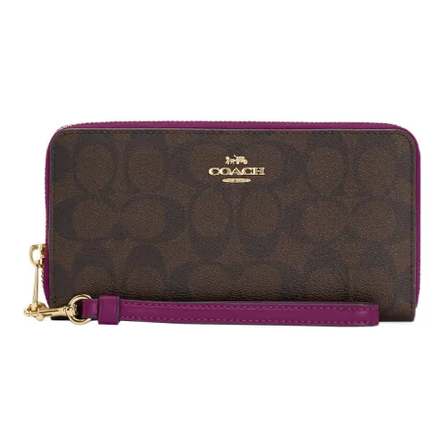 COACH Zip Around Coated Canvas With Leather Card Holder Wallet Women's Brown & Dark Red