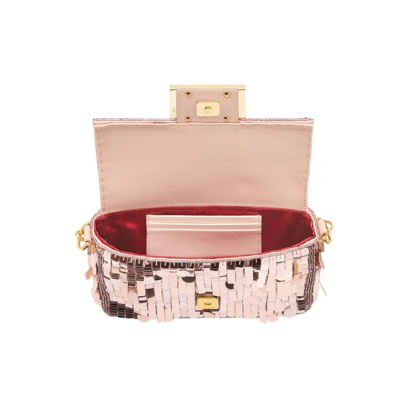 FENDI Baguette Fabric Cow Leather Patchwork Portable Crossbody Bag Shoulder Bag Mini Women's Pink-3