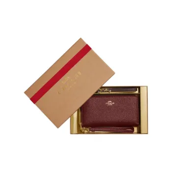 COACH Zip Around Cross-Stitch Leather Card Holder Wallet Gift Box Set Women's Cherry Red