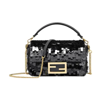 FENDI Baguette Fabric Cow Leather Patchwork Portable Crossbody Bag Shoulder Bag Mini Women's Black