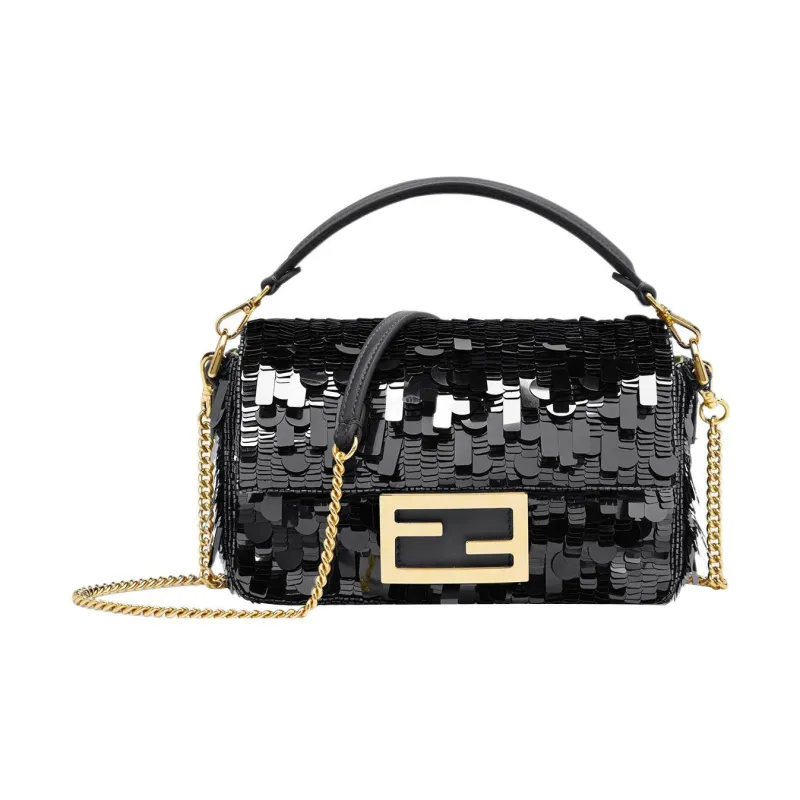 FENDI Baguette Fabric Cow Leather Patchwork Portable Crossbody Bag Shoulder Bag Mini Women's Black-0