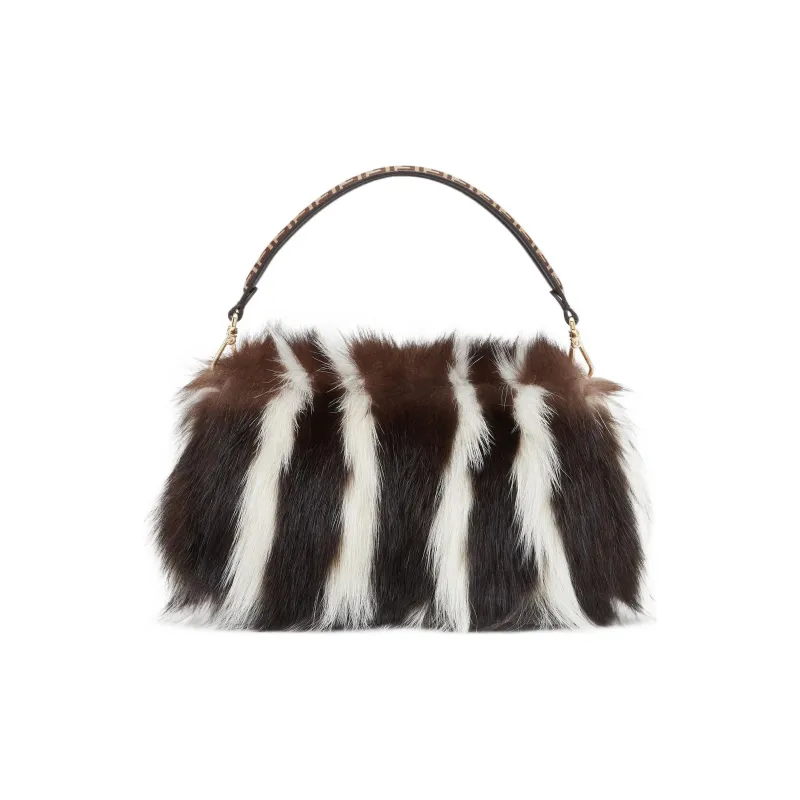 FENDI Baguette Skunk Fur Textile Cow Leather Portable Crossbody Bag Shoulder Bag Regular Women's Brown/White-1