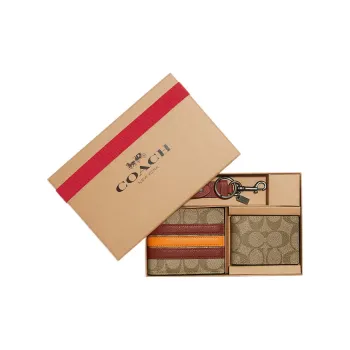 COACH 3 IN 1 Wallet Coated Canvas With Natural Pebbled Leather Set Wallet Men's Khaki