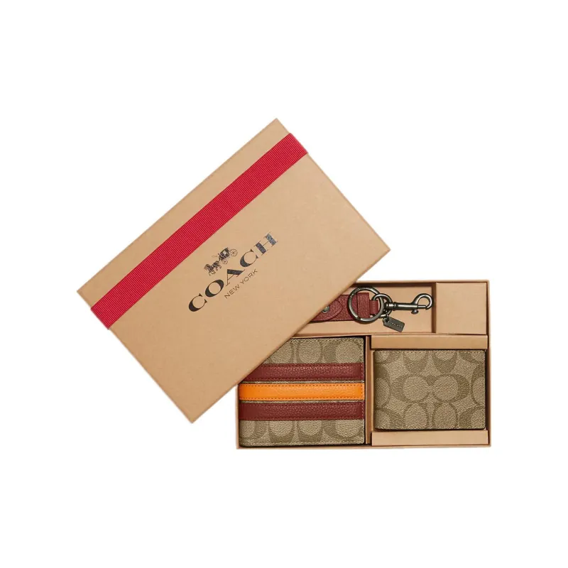COACH 3 IN 1 Wallet Coated Canvas With Natural Pebbled Leather Set Wallet Men's Khaki-0