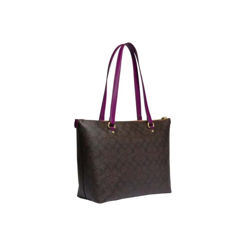 COACH Gallery Coated Canvas With Leather Tote Bag Shopping Bag Handbag Shoulder Bag Large Size Women's Brown & Dark Red-1