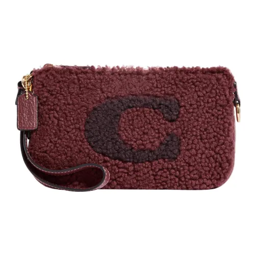 COACH Nolita Shearling With Leather Shoulder Bag Portable One Shoulder Clutch Small Size Women's Cherry Red