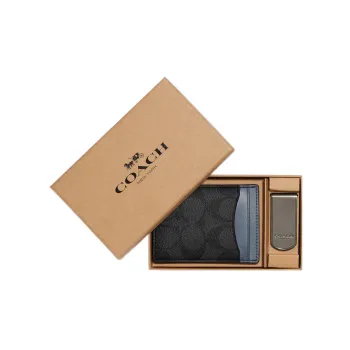 COACH 3 IN 1 Wallet Canvas With Calfskin ID Holder Card Sleeve Card Clip Card Holder Mini Men's Charcoal