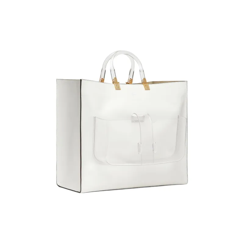 FENDI Sunshine Cow Leather Tote Bag Shopping Bag Handbag Large Size Women's White-1