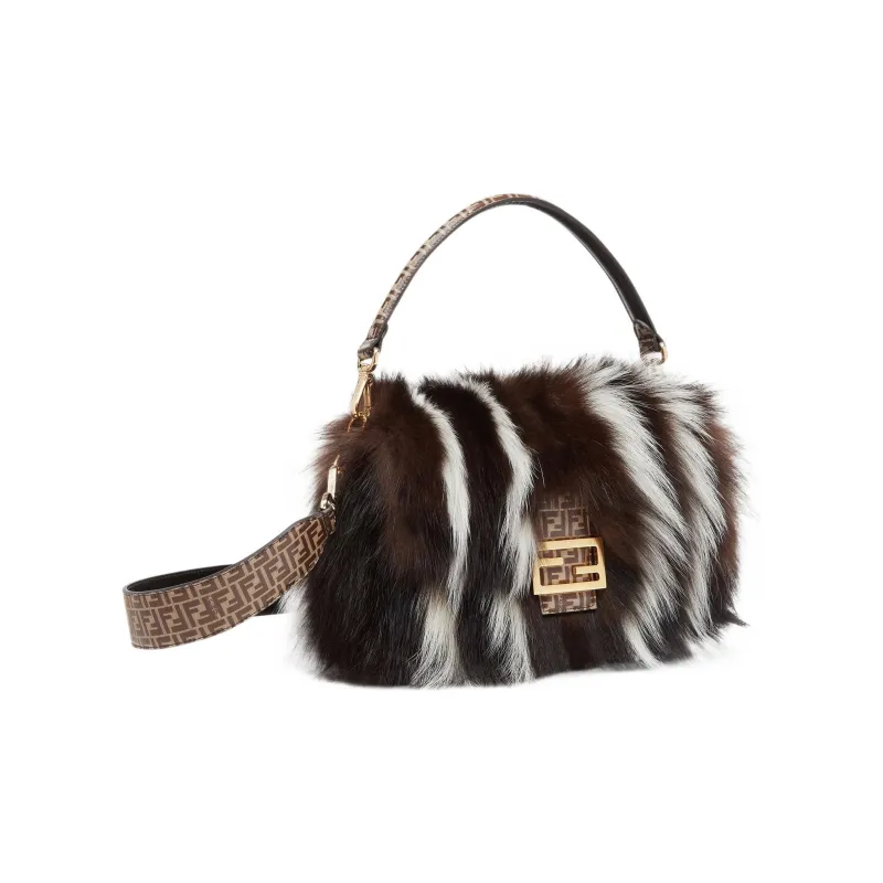 FENDI Baguette Skunk Fur Textile Cow Leather Portable Crossbody Bag Shoulder Bag Regular Women's Brown/White-2