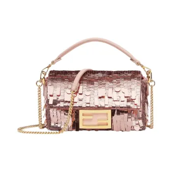 FENDI Baguette Fabric Cow Leather Patchwork Portable Crossbody Bag Shoulder Bag Mini Women's Pink