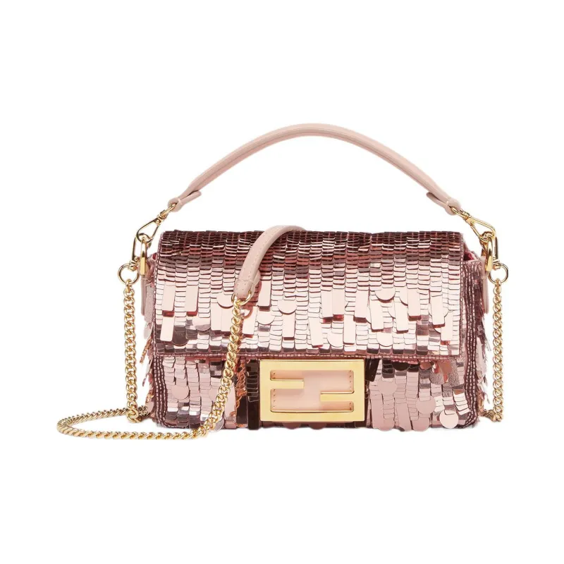 FENDI Baguette Fabric Cow Leather Patchwork Portable Crossbody Bag Shoulder Bag Mini Women's Pink-0