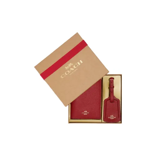 COACH Passport Case Cross-Stitch Leather Passport Box Suitcase Label Set Gift Box Set Mini Women's Red