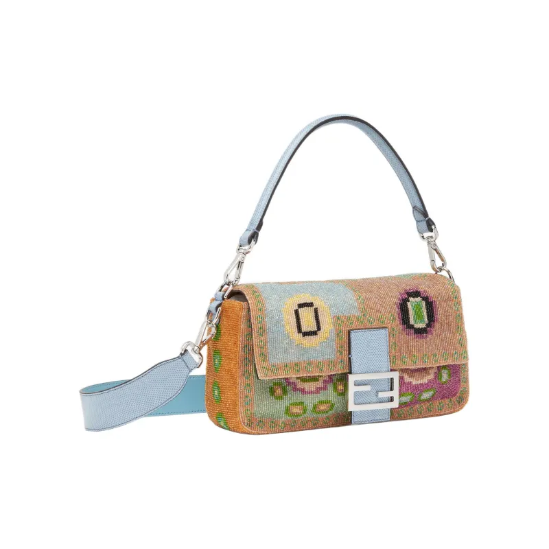 FENDI Baguette Fabric Snake Leather Sheepskin Portable Crossbody Bag Shoulder Bag Women's Orange/blue/multicolored-1