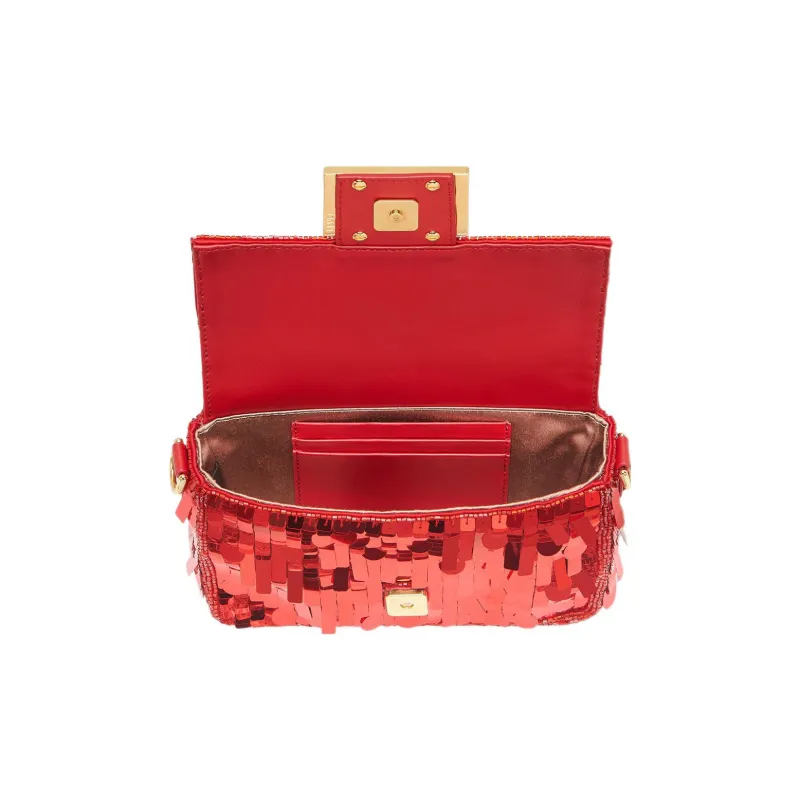 FENDI Baguette Fabric With Leather Portable Crossbody Bag Shoulder Bag Mini Women's Red-3