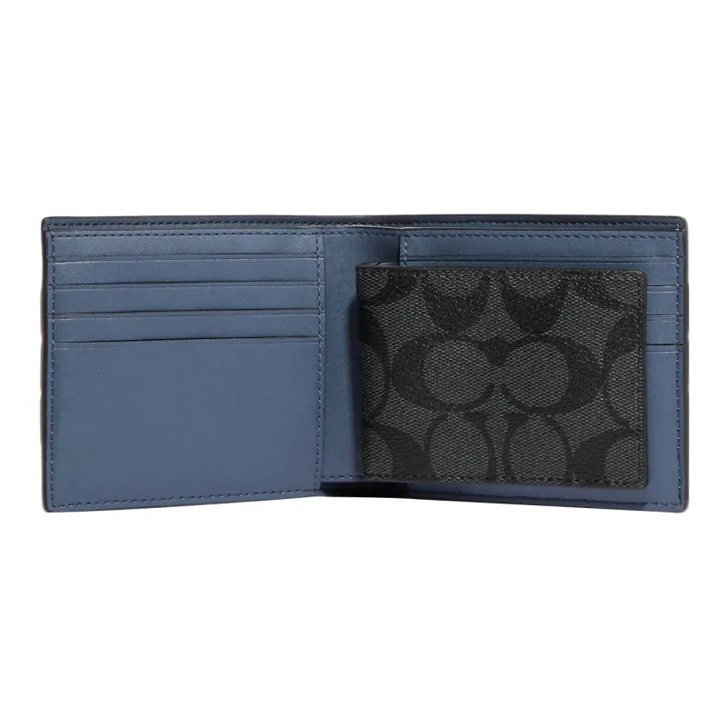 COACH 3 IN 1 Wallet Canvas With Pebbled Leather Card Holder Wallet Men's Charcoal And Denim Color-1