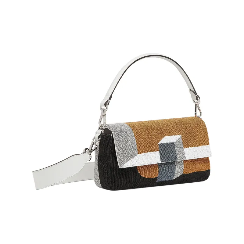 FENDI Baguette Fabric Cow Leather Patchwork Portable Crossbody Bag Shoulder Bag Regular Women's Brown/Gray/Black-1