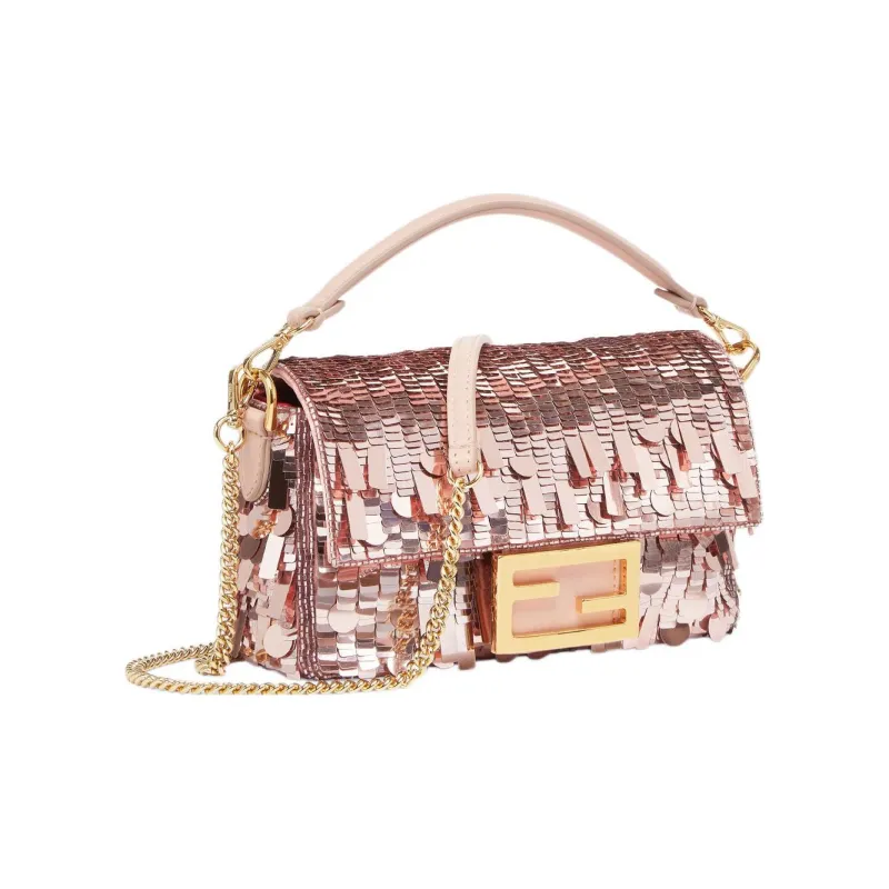 FENDI Baguette Fabric Cow Leather Patchwork Portable Crossbody Bag Shoulder Bag Mini Women's Pink-1