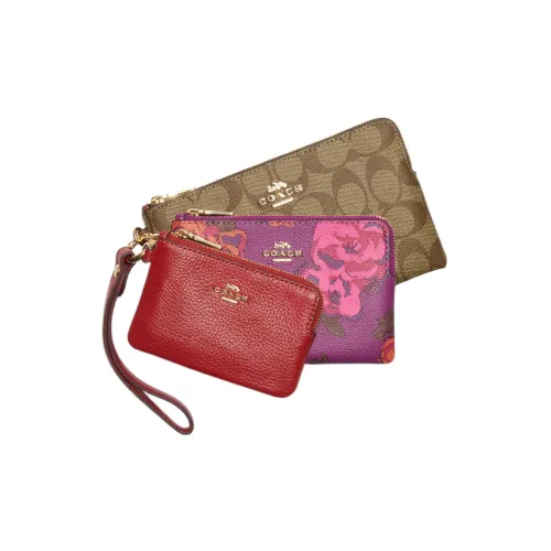 COACH Corner Zip Canvas With Leather 3-Piece Set Wrist Bag Clutch Small Size Women's Brown