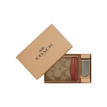 COACH 3 IN 1 Wallet Canvas With Calfskin ID Holder Card Sleeve Card Clip Card Holder Mini Men's Brown & Red Earth Tone