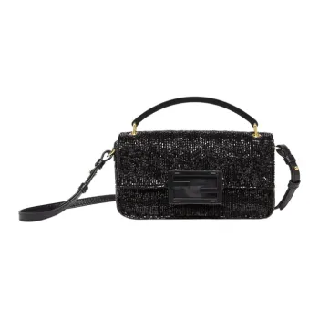 FENDI Baguette Fabric Cow Leather Patchwork Portable One Shoulder Crossbody Cell Phone Pouch Women's Black