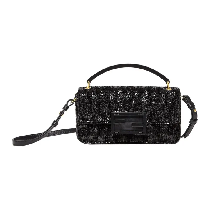 FENDI Baguette Fabric Cow Leather Patchwork Portable One Shoulder Crossbody Cell Phone Pouch Women's Black-0