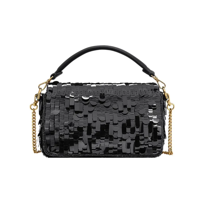 FENDI Baguette Fabric Cow Leather Patchwork Portable Crossbody Bag Shoulder Bag Mini Women's Black-2