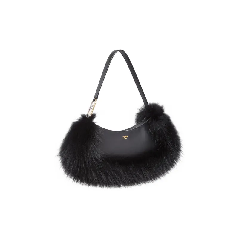 FENDI O'Lock Swing Cow Leather Patchwork With Fox Fur Handheld Shoulder Bag Women's Black-1