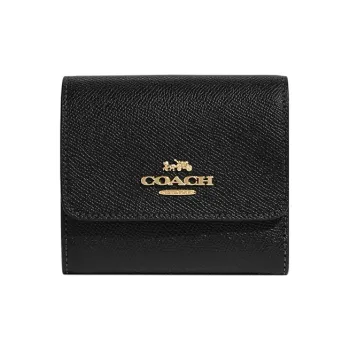 COACH Trifold Wallet Cross Grain Leather Card Holder, Wallet Women's Black
