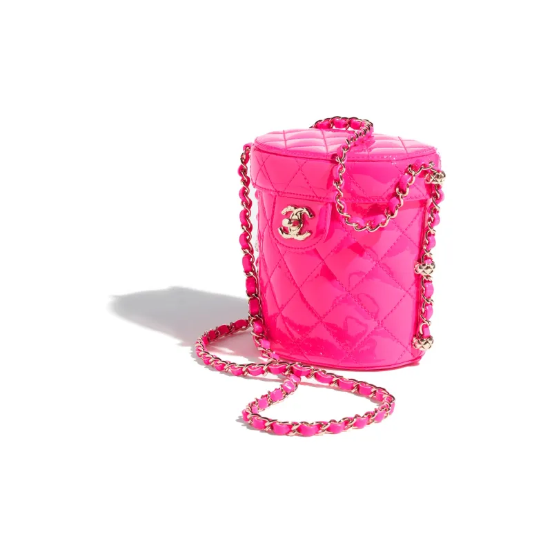 CHANEL Calf Patent Leather Makeup Bag Trumpets Women's Neon Pink-1