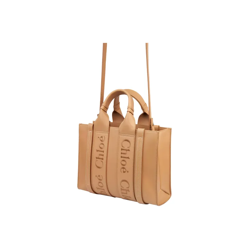Chloe Woody Smooth Calf Leather Tote Bag Shopping Bag Shoulder Bag Crossbody Bag Handbag Small Size Women's Light Brown-1