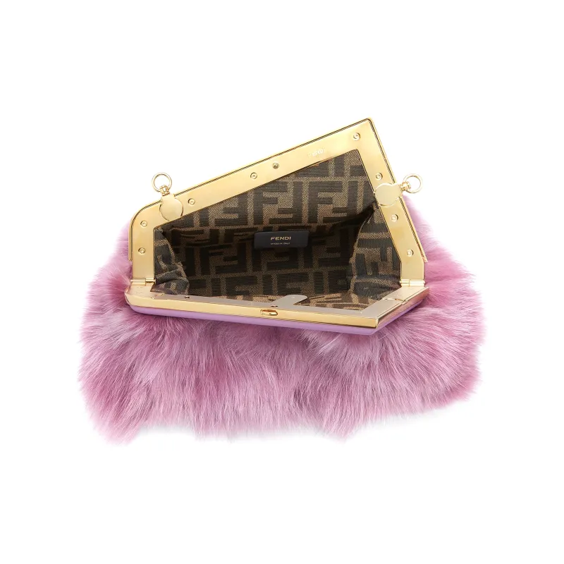 FENDI Fendi First Fox Fur With Sheepskin One Shoulder Crossbody Clutches Small Size Women's Light Purple-3