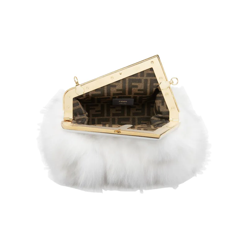 FENDI Fendi First Fox Fur With Sheepskin One Shoulder Crossbody Clutches Small Size Women's White-3