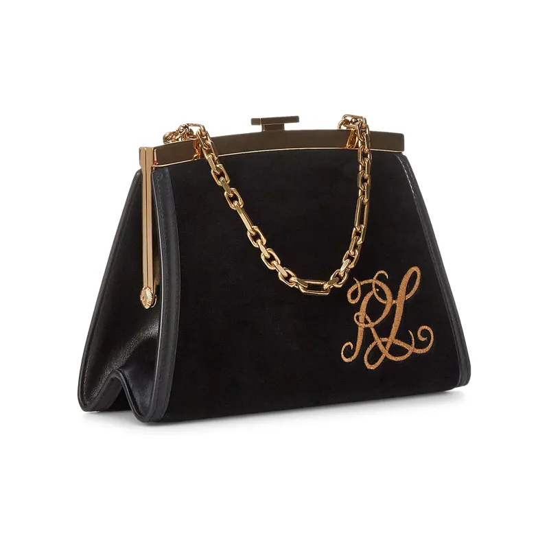 Polo Ralph Lauren Velvet Fabric With Leather Trim Evening Party Bag One Shoulder Handbag Women's Black-2