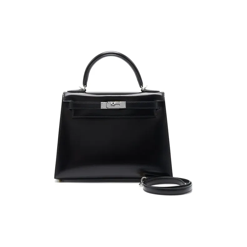HERMES Kelly Box Leather Kelly Bag Shoulder Bag Crossbody Bag Handbag Women's Noir Black-0