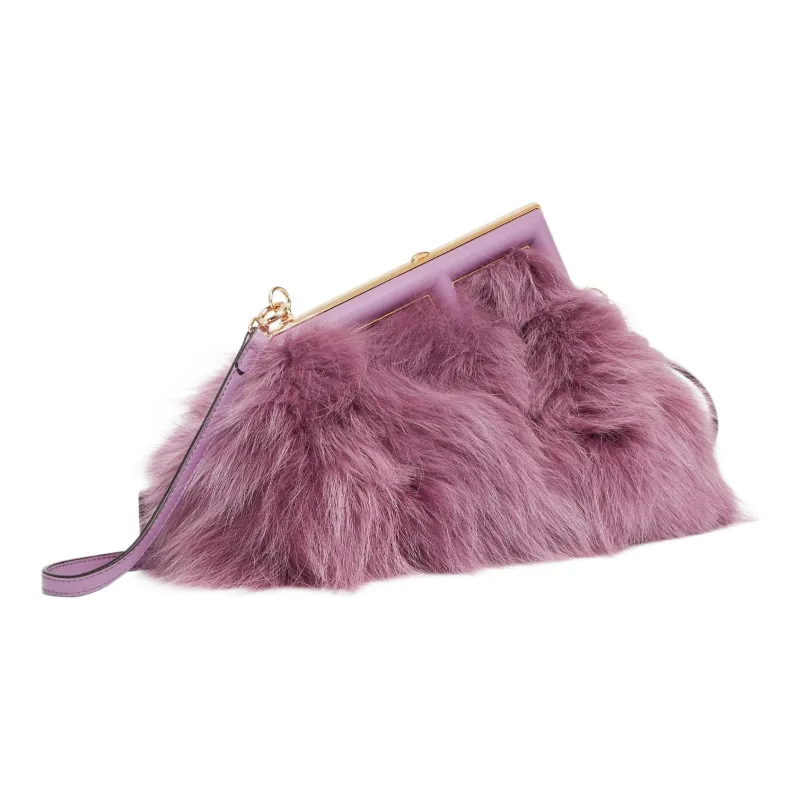 FENDI Fendi First Fox Fur With Sheepskin One Shoulder Crossbody Clutches Small Size Women's Light Purple-2