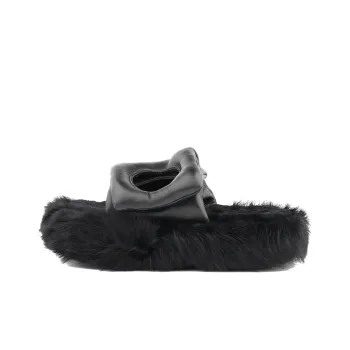 LAST LAZY Fuzzy Slip-Resistant Versatile Fashion Slide Slippers For Indoor And Outdoor Wear Unisex Black